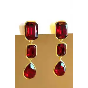 Altın Renk Kırmızı Taş Detaylı Çelik Küpe (Çift)