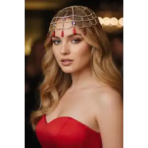 Altın Renk Kırmızı Taş Detaylı Saç Aksesuarı/ Kına Aksesuarı