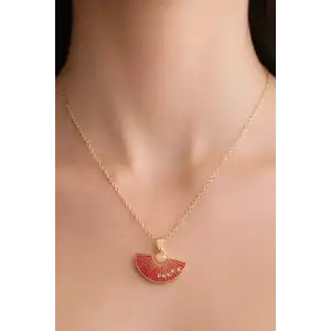 Altın Renk Kırmızı Yelpaze Figürlü Çelik Kolye