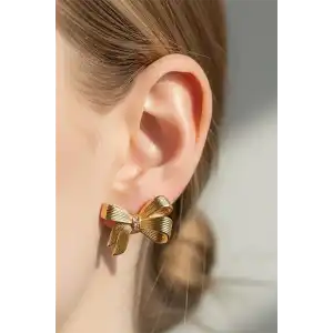 Altın Renk Kurdele Figürlü Çelik Küpe (Çift)