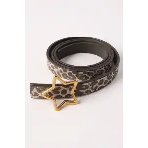 Altın Renk Leopar Desenli Kadın Deri Kemer