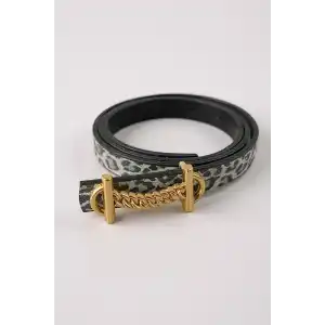 Altın Renk Leopar Desenli Kadın Deri Kemer