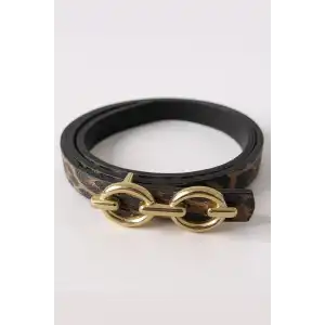 Altın Renk Leopar Desenli Kadın Deri Kemer