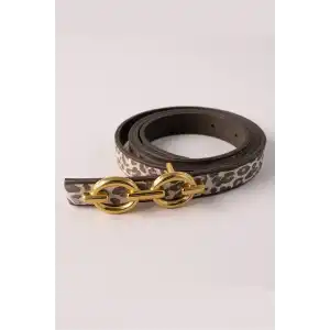 Altın Renk Leopar Desenli Kadın Deri Kemer