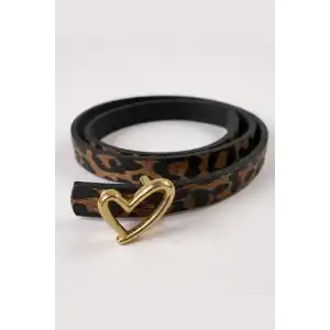 Altın Renk Leopar Desenli Kadın Deri Kemer