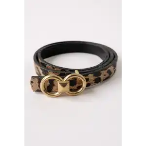 Altın Renk Leopar Desenli Kadın Deri Kemer