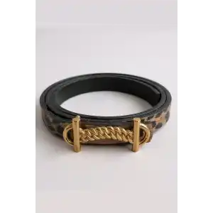 Altın Renk Leopar Desenli Kadın Deri Kemer