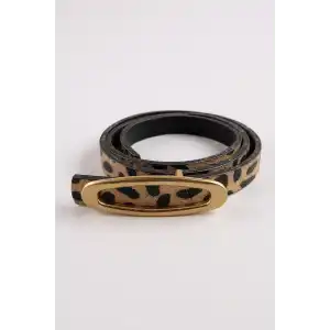 Altın Renk Leopar Desenli Kadın Deri Kemer