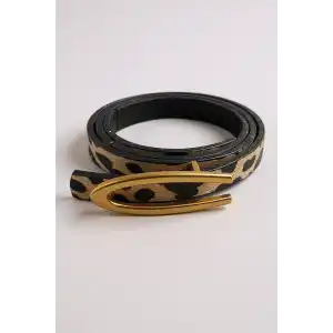 Altın Renk Leopar Desenli Kadın Deri Kemer