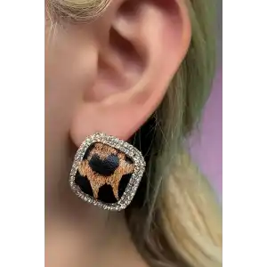 Altın Renk Leopar Desenli Taşlı Küpe (Çift)