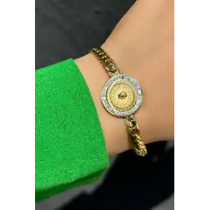 Altın Renk Madalyon Detaylı Çelik Bileklik