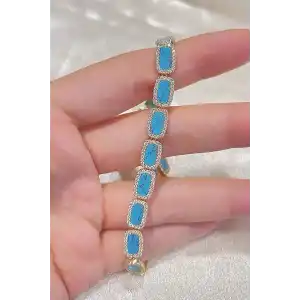 Altın Renk Mavi Taş Detaylı 14K Altın Kaplama VİP Bileklik