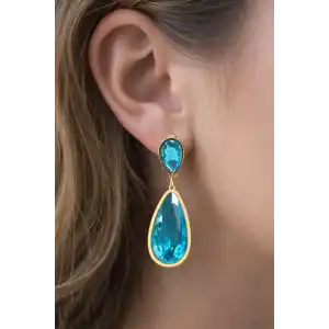 Altın Renk Mavi Taş Detaylı Çelik Küpe (Çift)