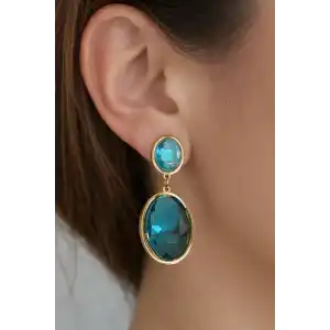 Altın Renk Mavi Taş Detaylı Çelik Küpe (Çift)