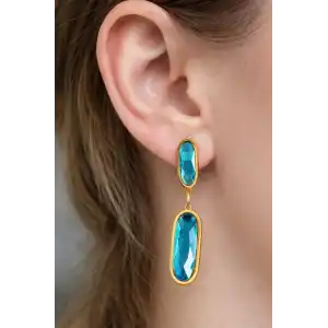 Altın Renk Mavi Taş Detaylı Çelik Küpe (Çift)