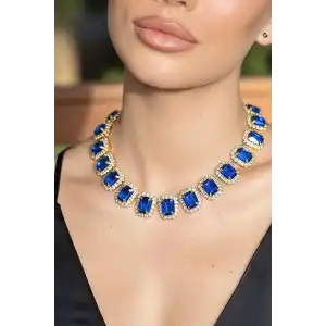 Altın Renk Mavi Taş Detaylı Tasarım Abiye Kolye