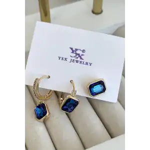 Altın Renk Mavi Taş Detaylı VİP 3lü YSX Küpe Set