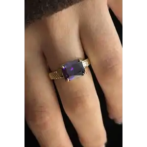 Altın Renk Mor Taş Detaylı Ayarlanabilir Çelik Yüzük