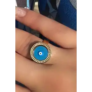 Altın Renk Nazar Boncuğu Figürlü Ayarlanabilir Çelik Yüzük