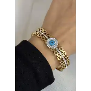 Altın Renk Nazar Boncuğu Figürlü Taş Detaylı Çelik Kelepçe Bileklik
