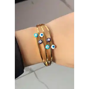 Altın Renk Nazar Boncuk Figürlü Çelik Kelepçe Bileklik