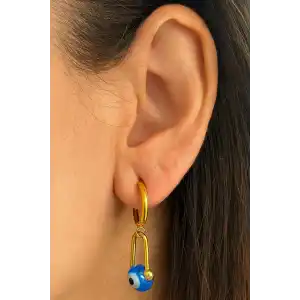 Altın Renk Nazar Boncuk Figürlü Çelik Küpe (Çift)