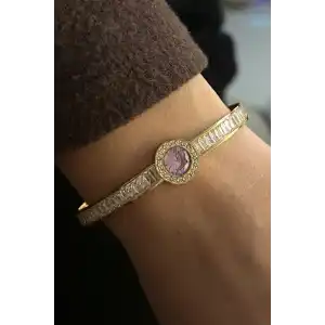 Altın Renk Pembe Taş Detaylı Çelik Kelepçe Bileklik