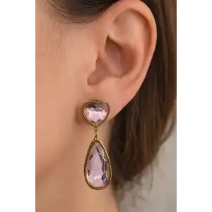 Altın Renk Pembe Taş Detaylı Kalp Figürlü Çelik Küpe (Çift)