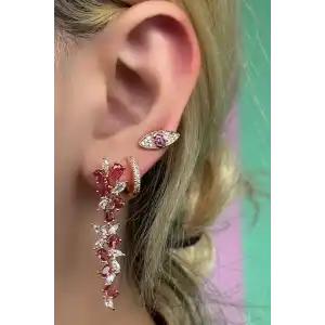 Altın Renk Pembe Taş Detaylı VİP 3lü YSX Küpe Set