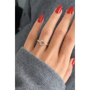 Altın Renk Pembe Taşlı Baget Yüzük (Ayarlanabilir)