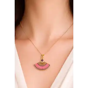Altın Renk Pembe Yelpaze Figürlü Çelik Kolye