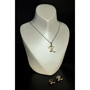 Altın Renk R Harfli Çelik Kolye Ve Küpe Set