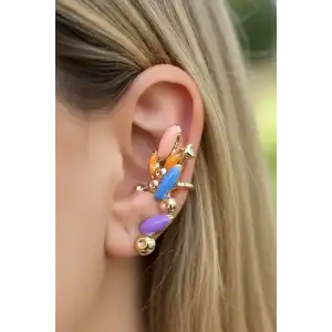 Altın Renk Renkli Taş Detaylı 14K Altın Kaplama TX Ear Cuff (Tek)