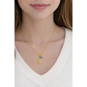 Altın Renk S Harfli Nazar Boncuk Detaylı Çelik Kolye