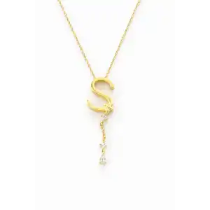 Altın Renk S Harfli Taş Detaylı Çelik Kolye
