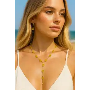 Altın Renk Sarı Taş Detaylı Çelik Y Kolye