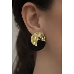 Altın Renk Siyah Detaylı Yuvarlak Küpe (Çift)