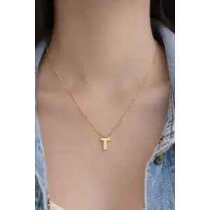 Altın Renk T Harf Çelik Kolye