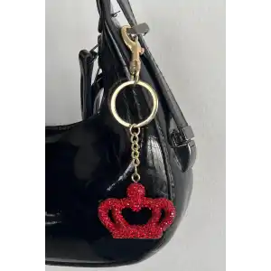 Altın Renk Taç Figürlü Kırmızı Taş Detaylı Çanta Charm/ Anahtarlık