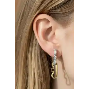 Altın Renk Taş Detaylı 14K Altın Kaplama Küpe (Çift)