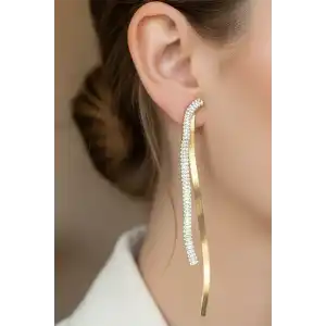 Altın Renk Taş Detaylı 14k Altın Kaplama Küpe (Çift)