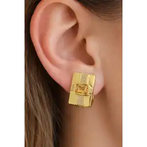 Altın Renk Taş Detaylı 14k Altın Kaplama Küpe (Çift)