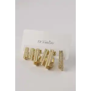 Altın Renk Taş Detaylı 14K Altın Kaplama TX 6lı Küpe Set