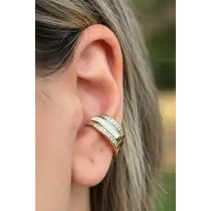 Altın Renk Taş Detaylı 14K Altın Kaplama TX Ear Cuff (Tek)