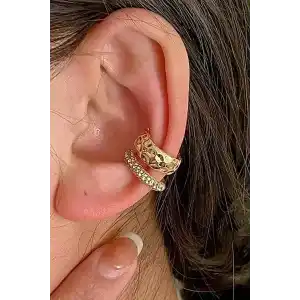 Altın Renk Taş Detaylı 14K Altın Kaplama TX Ear Cuff (Tek)