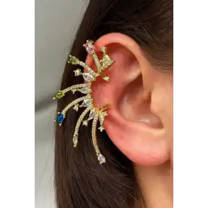 Altın Renk Taş Detaylı 14K Altın Kaplama TX Kulak Aksesuarı (Tek)