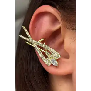 Altın Renk Taş Detaylı 14K Altın Kaplama TX Kulak Aksesuarı (Tek)