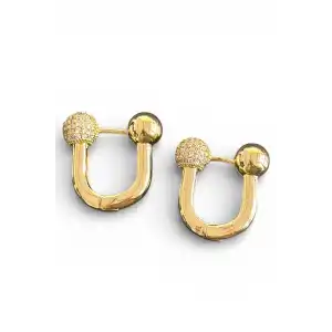 Altın Renk Taş Detaylı 14K Altın Kaplama TX Küpe (Çift)