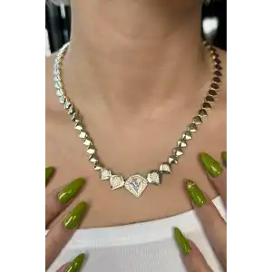 Altın Renk Taş Detaylı 14K Altın Kaplama VİP Kolye