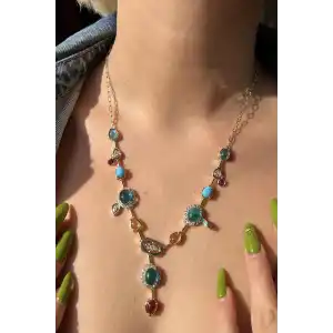 Altın Renk Taş Detaylı 14K Altın Kaplama VİP Kolye